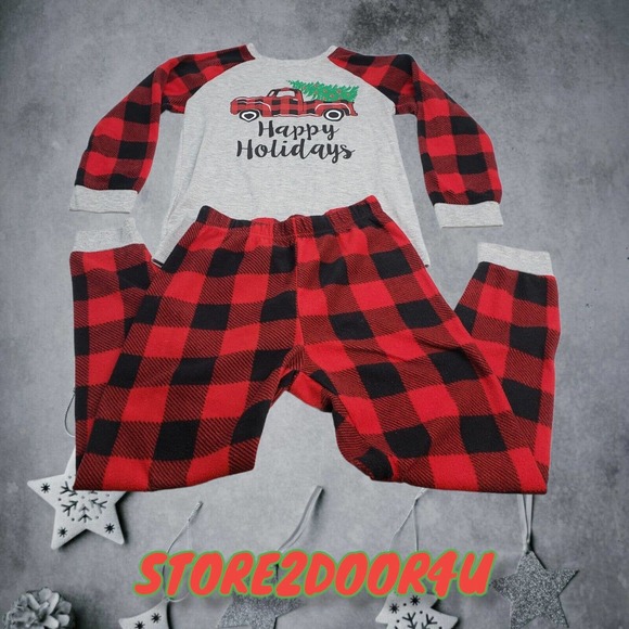 JUNIORS CHRISTMAS PAJAMAS - LARGE(12/14) RED TRUCK & TREE HOLIDAY PAJAMA SET 2PC - Picture 1 of 12